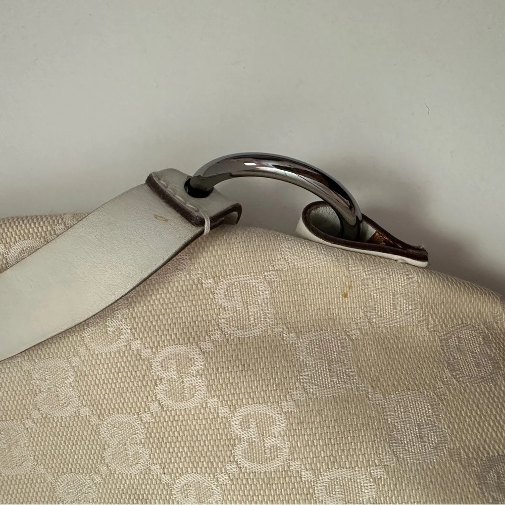 Gucci GG Canvas Cream Hobo Bag with Monogram Print and Leather Trim